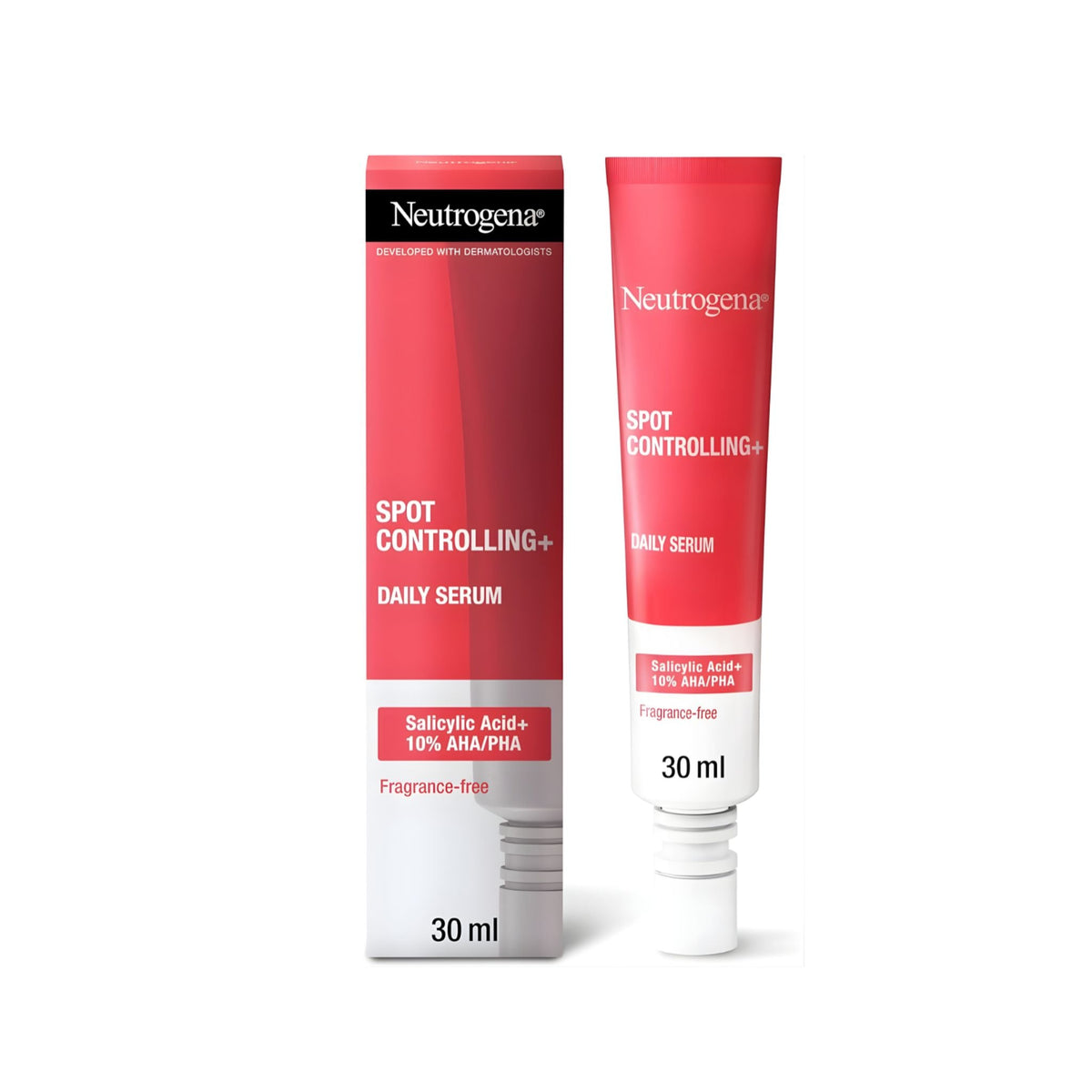 Refect Beauty Neutrogena Spot Controlling Daily Brightening Serum tube and box with salicylic acid and AHA/PHA