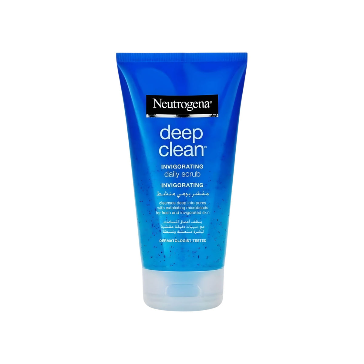 Refect Beauty Neutrogena Deep Clean Invigorating Daily Scrub in a blue squeeze tube for gentle facial exfoliation