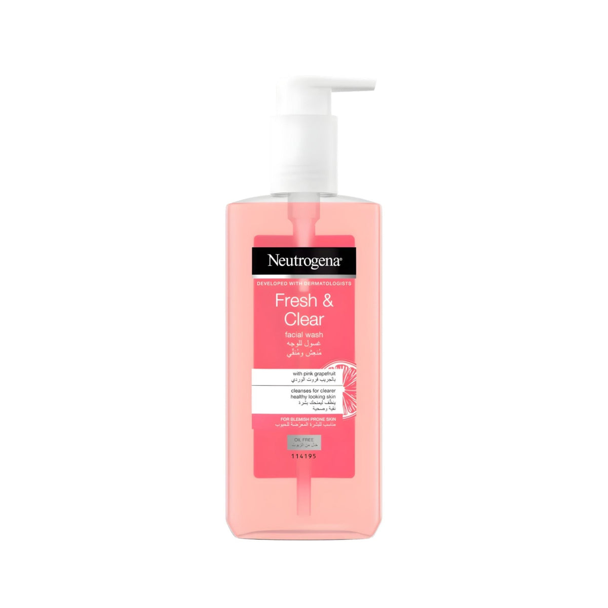 Refect Beauty Neutrogena Fresh Clear Grapefruit facial wash in a clear pump bottle for blemish-prone skin.