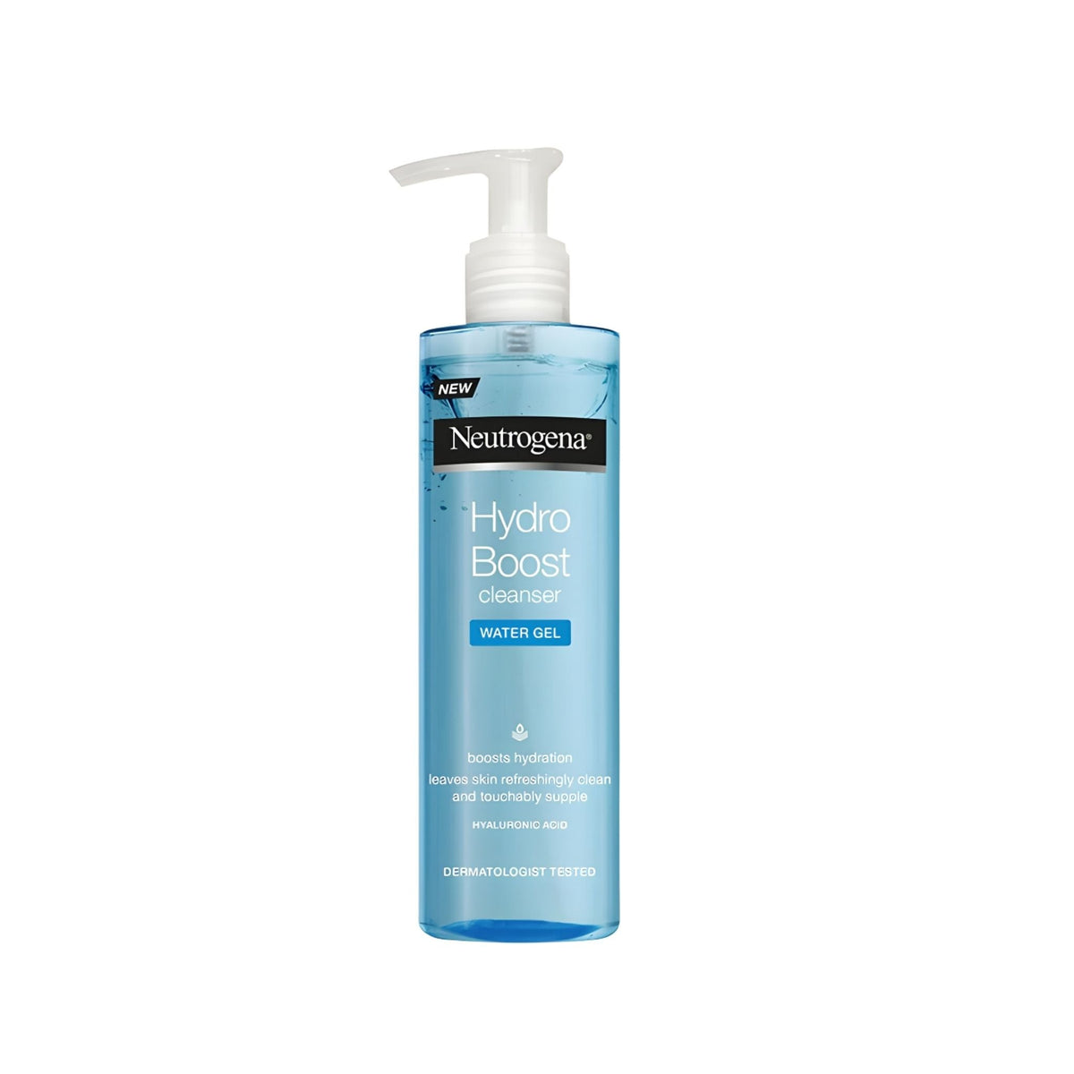 Refect Beauty Neutrogena Hydro Boost Water Gel Cleanser in a blue pump bottle with hyaluronic acid for hydration.