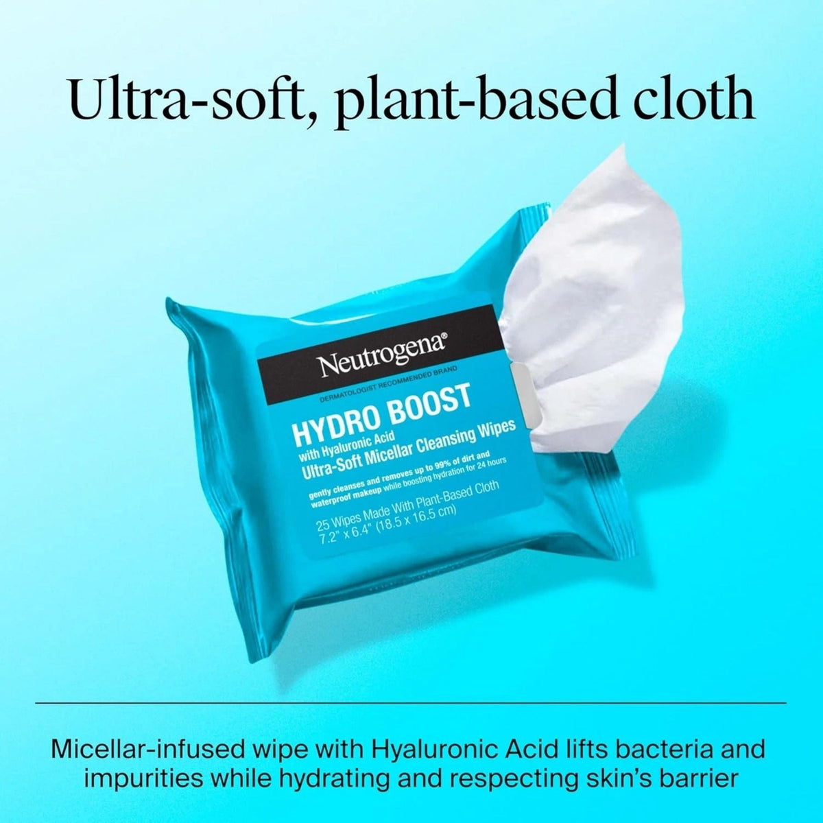 Refect Beauty Neutrogena Hydro Boost cleansing wipes in a blue pack with a soft white cloth being pulled out.