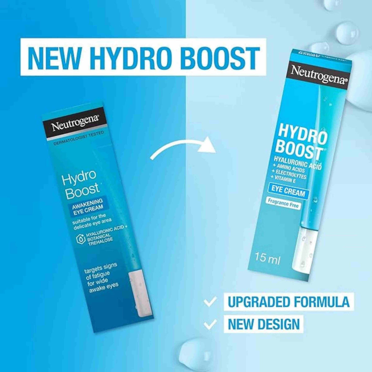 Refect Beauty Neutrogena Hydro Boost eye cream packaging showing the new design and upgraded formula with hyaluronic acid