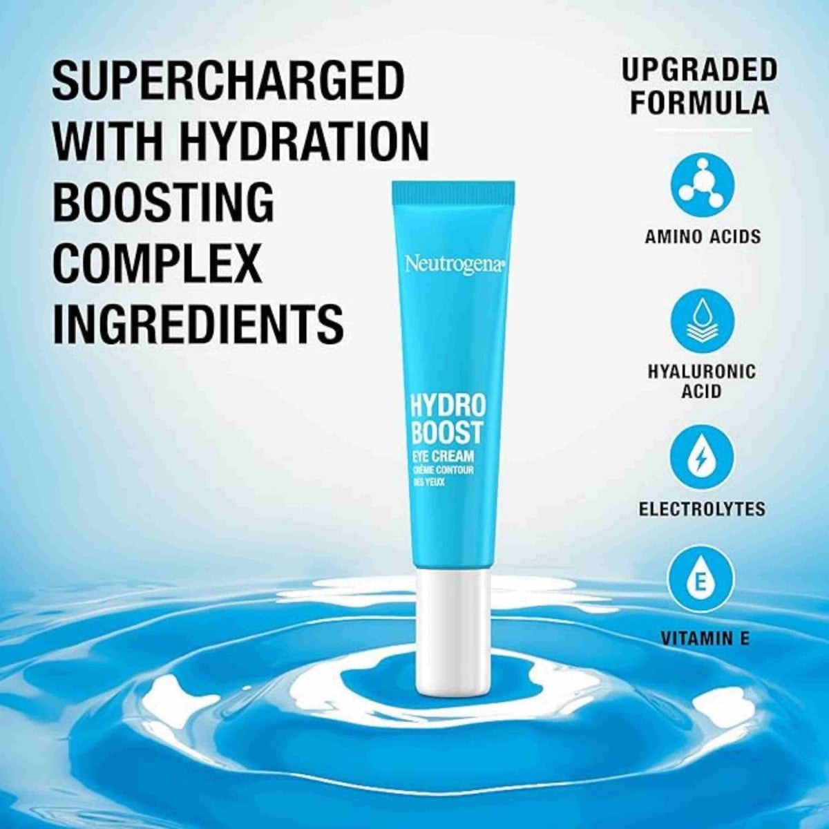 Refect Beauty Neutrogena Hydro Boost Eye Cream tube featuring hyaluronic acid and hydration boosting ingredients