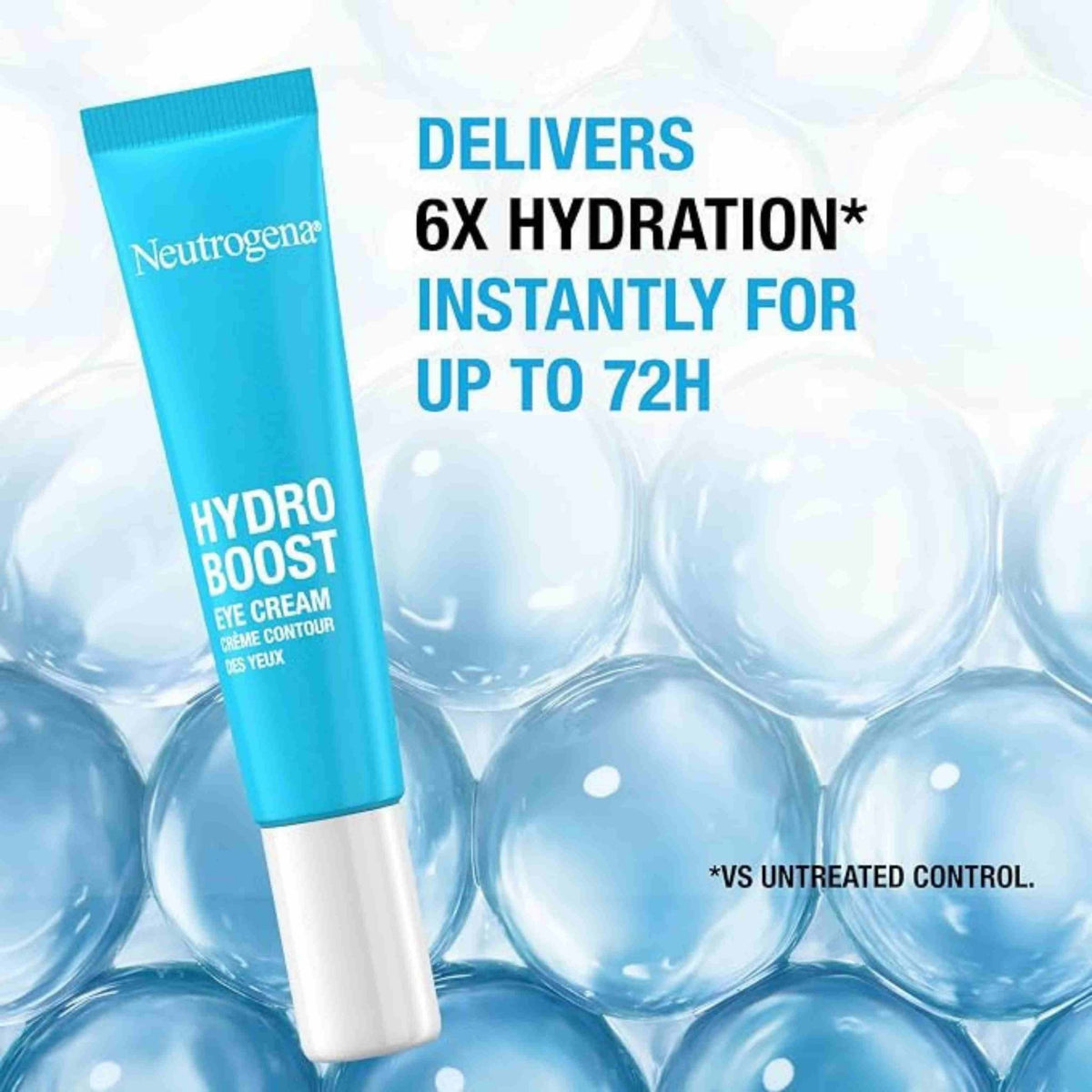 Refect Beauty Neutrogena Hydro Boost eye cream in a blue tube against a background of hydrating water droplets