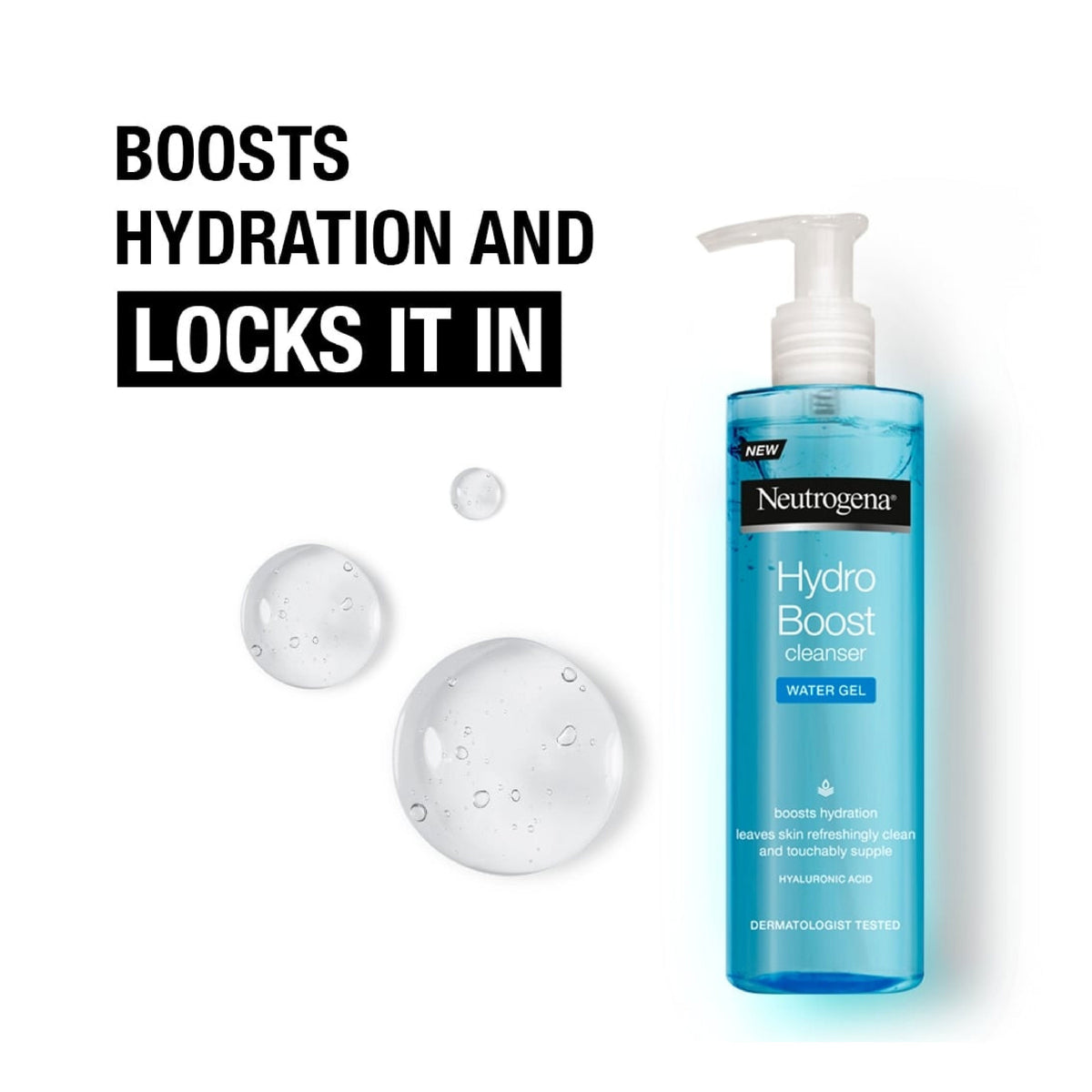 Refect Beauty Neutrogena Hydro Boost Water Gel Cleanser in a blue pump bottle with hyaluronic acid for hydration.