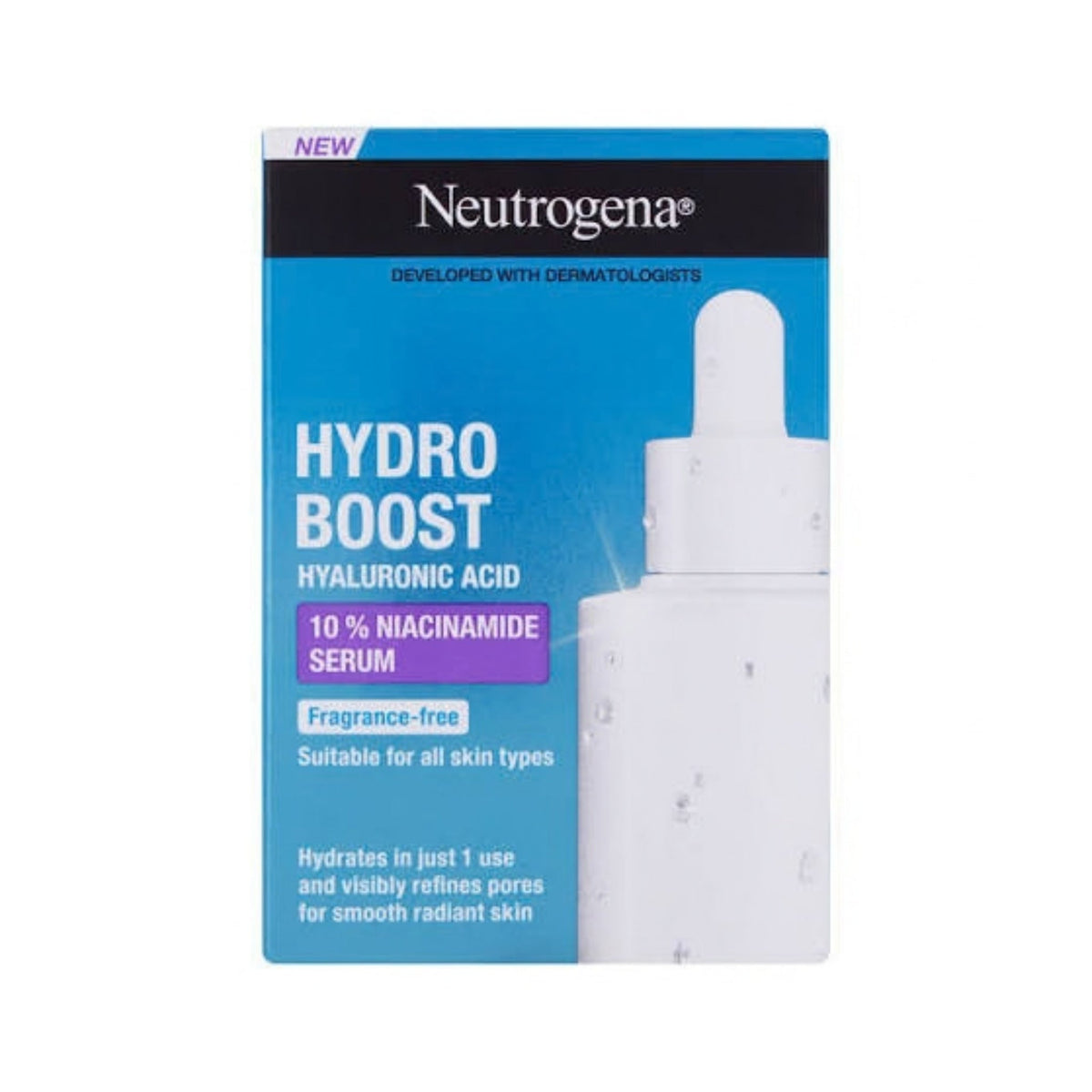 Refect Beauty Neutrogena Hydro Boost 10% Niacinamide Serum bottle in blue and white packaging