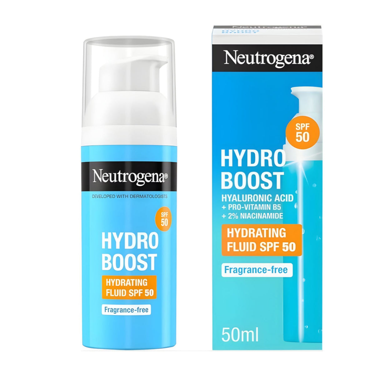 Refect Beauty Neutrogena Hydro Boost SPF 50 hydrating fluid bottle and box with hyaluronic acid and niacinamide.