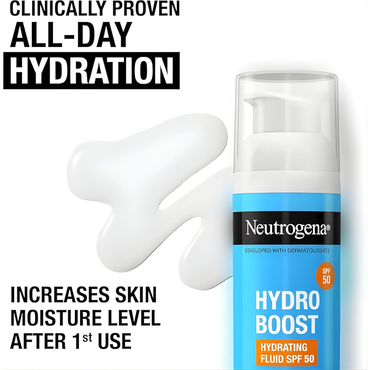 Refect Beauty Neutrogena Hydro Boost SPF 50 hydrating fluid bottle with a white cream texture swatch