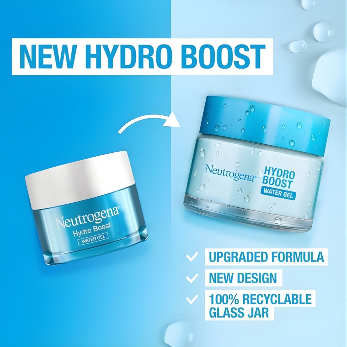 Refect Beauty Neutrogena Hydro Boost Water Gel moisturizer jars showing the new design and recyclable glass packaging.