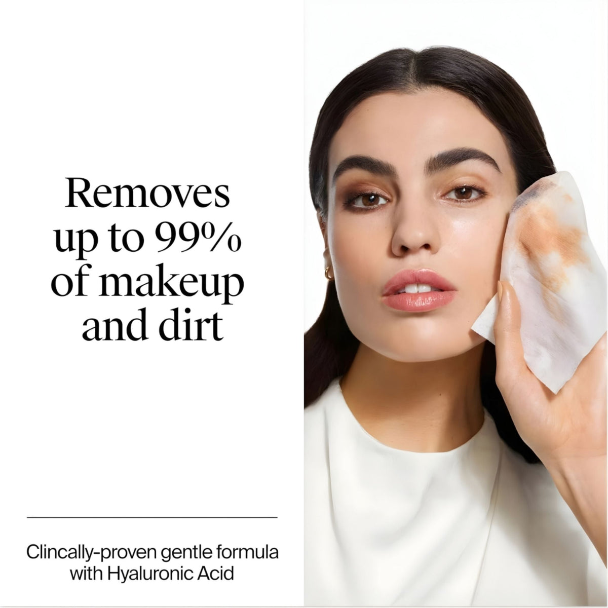 Refect Beauty model using a Neutrogena Hydro Boost makeup remover wipe to gently clean her face.