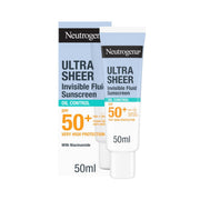 Refect Beauty Neutrogena Ultra Sheer Oil Control SPF 50+ sunscreen fluid in a 50ml tube and box packaging.