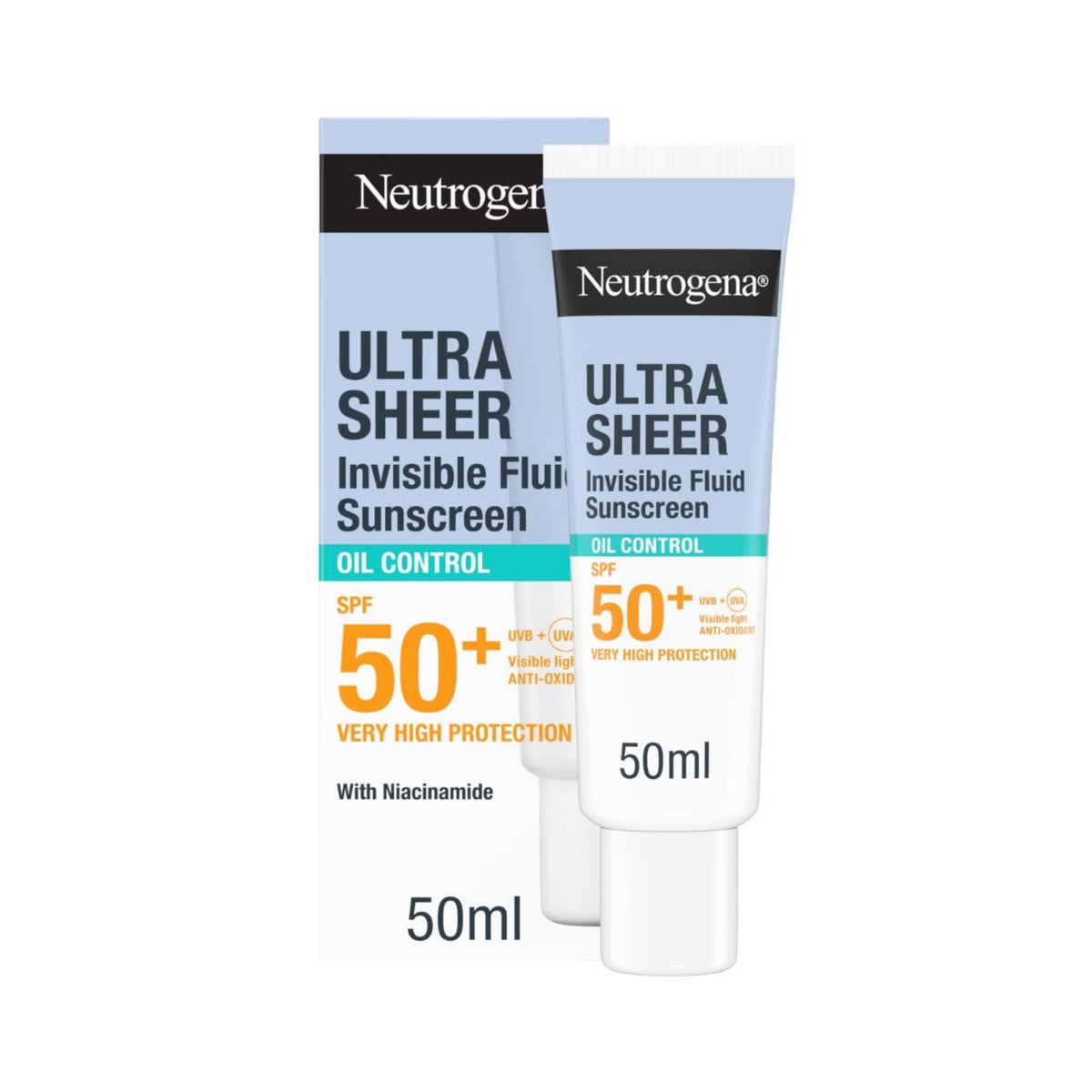 Refect Beauty Neutrogena Ultra Sheer Oil Control SPF 50+ sunscreen fluid in a 50ml tube and box packaging.
