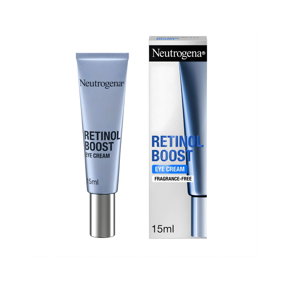 Refect Beauty Neutrogena Retinol Boost eye cream tube and packaging box for anti-aging and dark circle reduction.