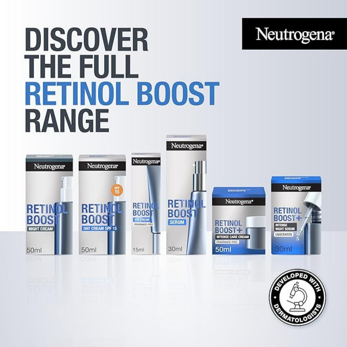 Refect Beauty Neutrogena Retinol Boost skincare range featuring various anti-aging creams, serums, and eye treatments.