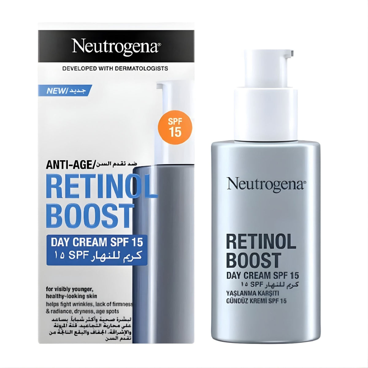 Refect Beauty Neutrogena Retinol Boost SPF 15 day cream in a silver pump bottle with its matching product box.