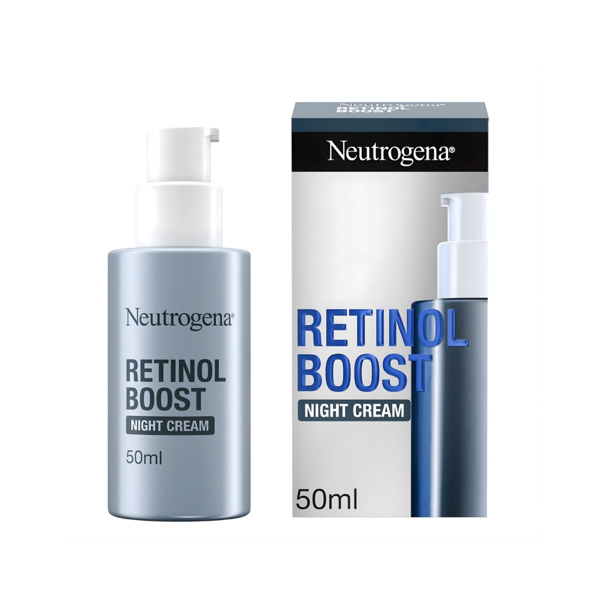 Refect Beauty Neutrogena Retinol Boost Night Cream 50ml pump bottle and packaging box for anti-aging skin care.