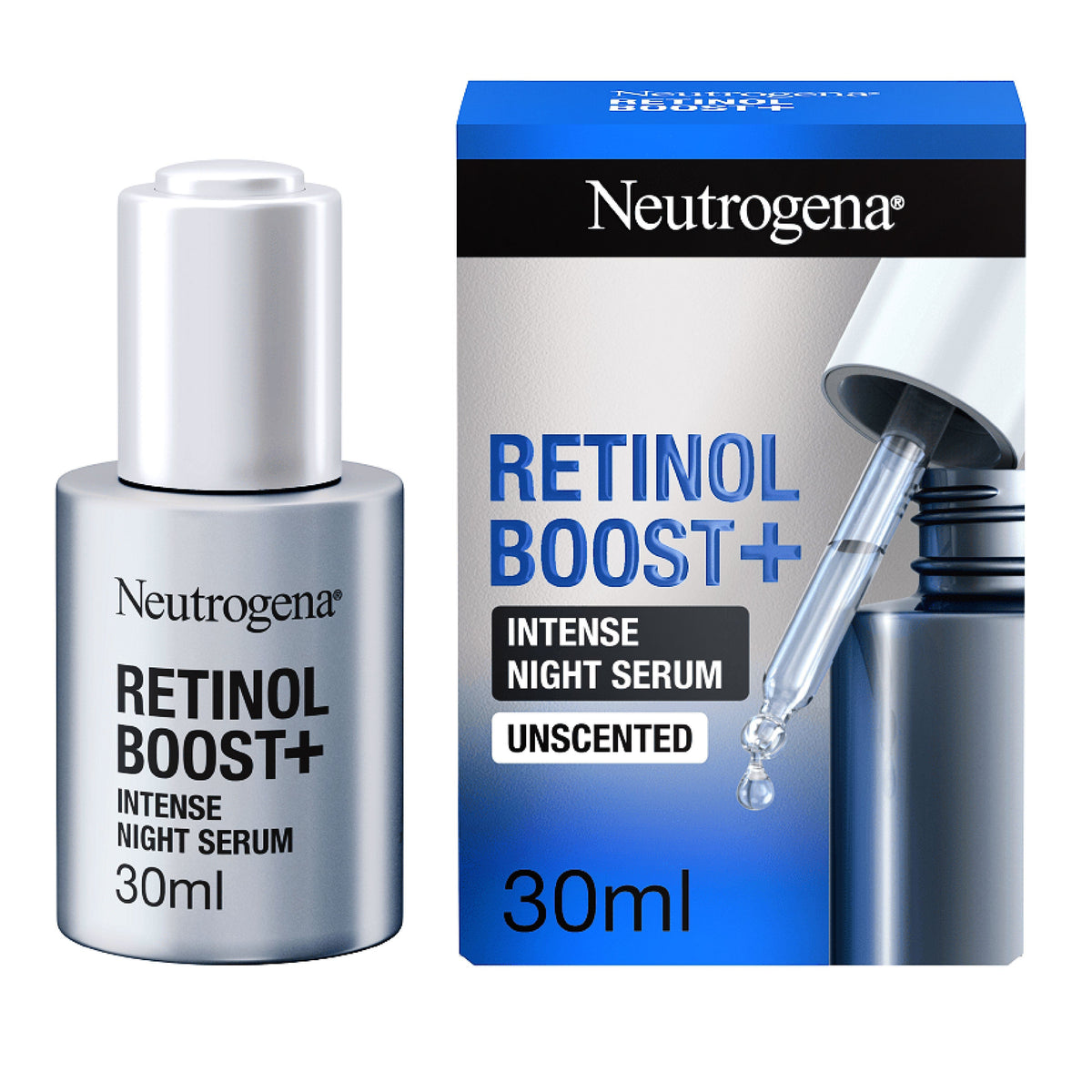 Refect Beauty Neutrogena Retinol Boost+ Intense Night Serum bottle and packaging box for anti-aging skincare.