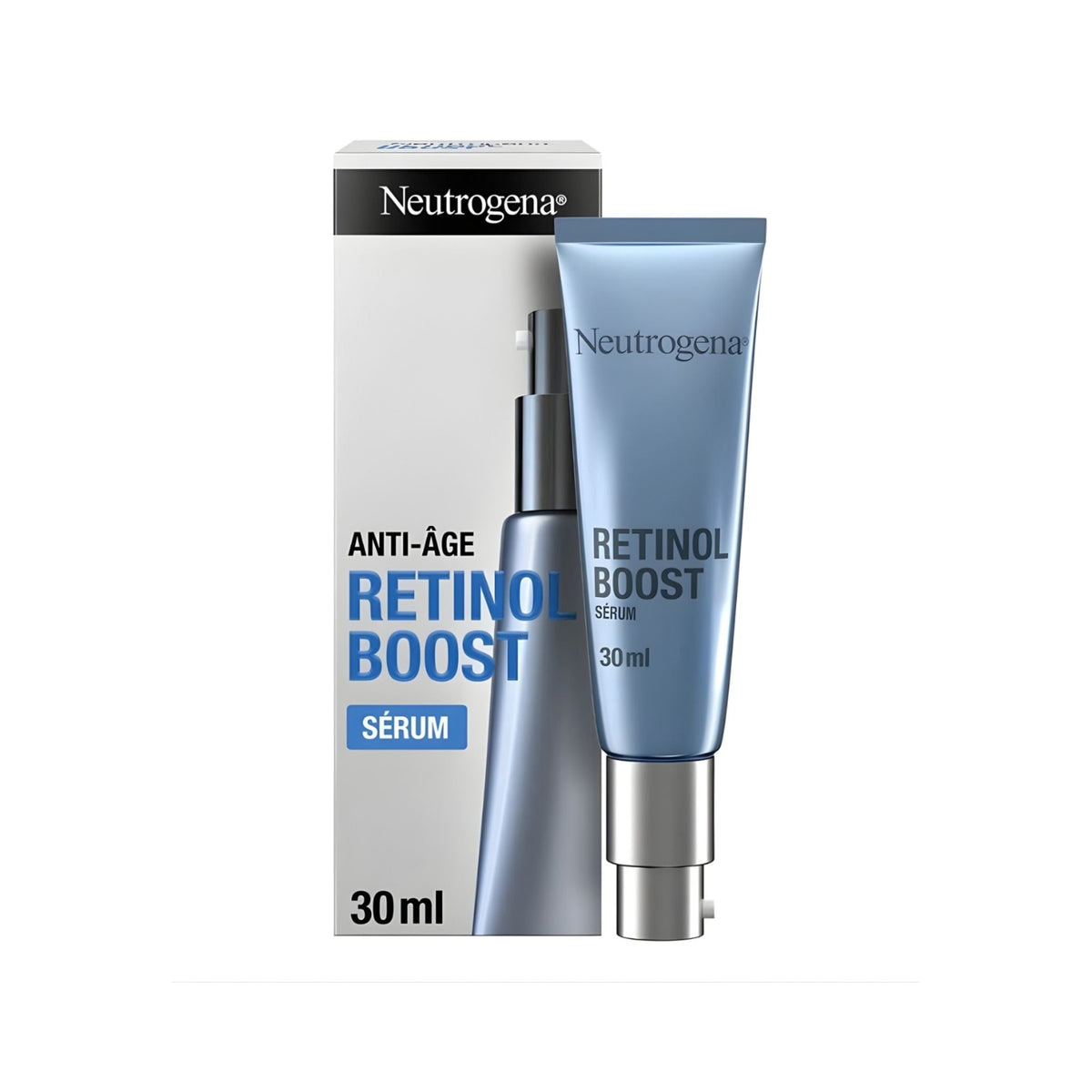 Refect Beauty Neutrogena Retinol Boost anti-aging serum in a blue 30ml pump tube with its matching product box.