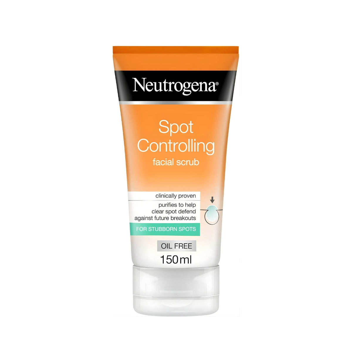 Refect Beauty Neutrogena Spot Controlling facial scrub in an orange 150ml tube for clearing stubborn spots.