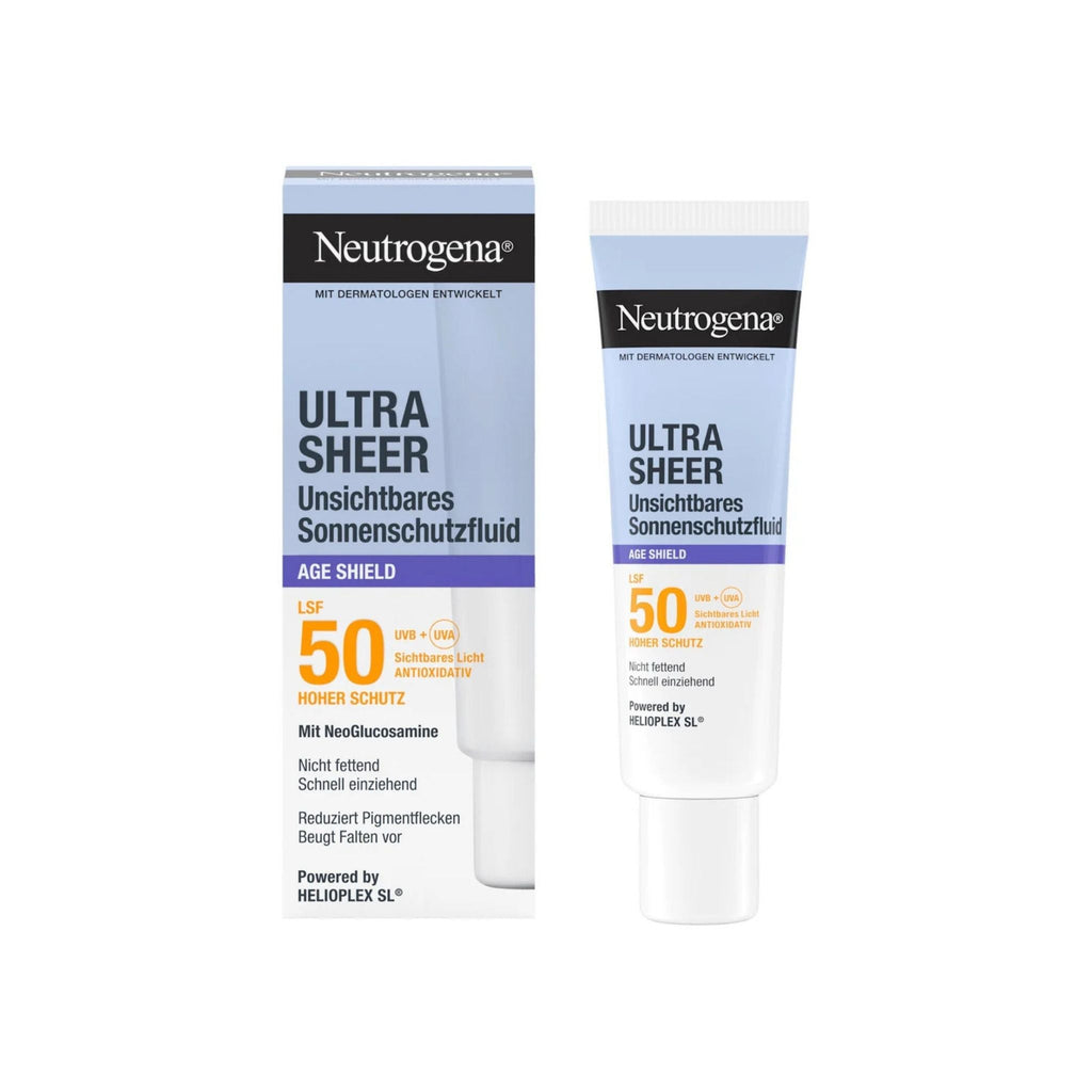 Refect Beauty Neutrogena Ultra Sheer Age Shield SPF 50 sunscreen fluid bottle and packaging box