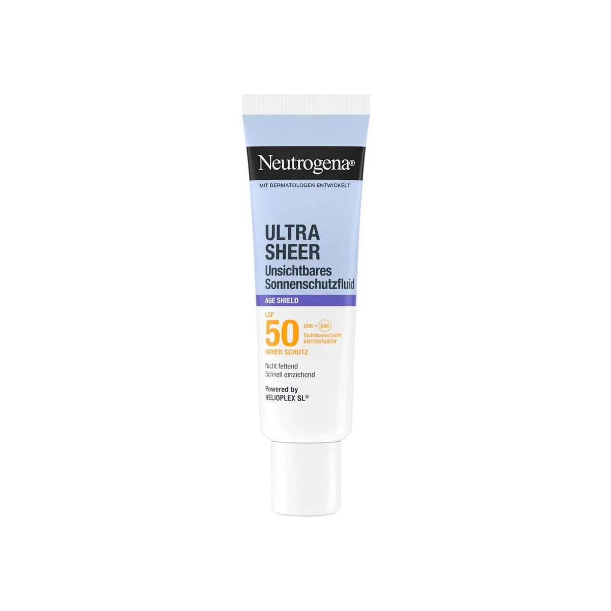 Refect Beauty Neutrogena Ultra Sheer Age Shield SPF 50 sunscreen fluid in a white and light blue squeeze tube.