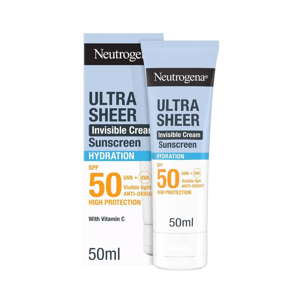 Refect Beauty Neutrogena Ultra Sheer Hydration SPF 50 sunscreen tube and box for broad-spectrum UVA and UVB protection.