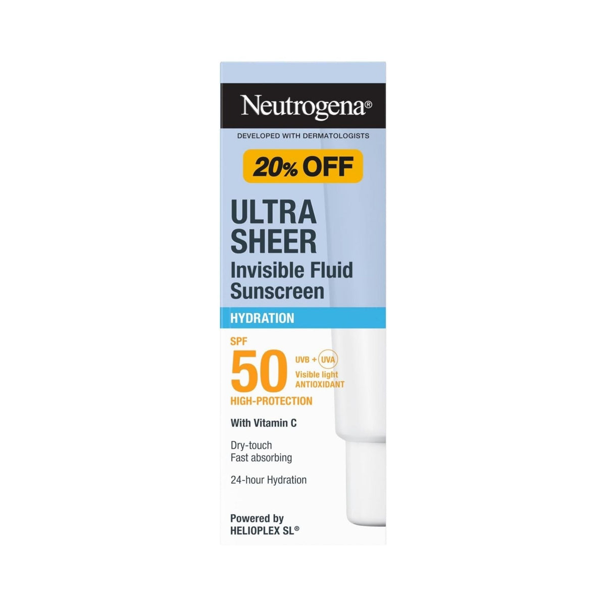 Refect Beauty Neutrogena Ultra Sheer Hydration SPF50 invisible fluid sunscreen bottle in white and blue packaging.