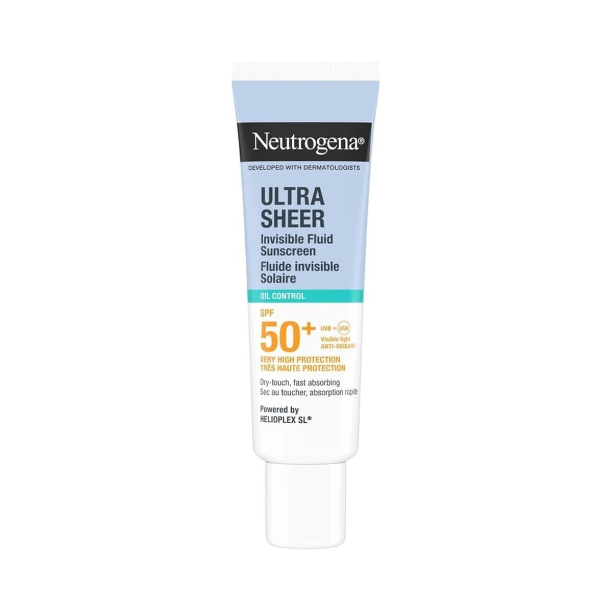 Refect Beauty Neutrogena Ultra Sheer Invisible Fluid SPF 50+ sunscreen tube for oil control and daily face protection.