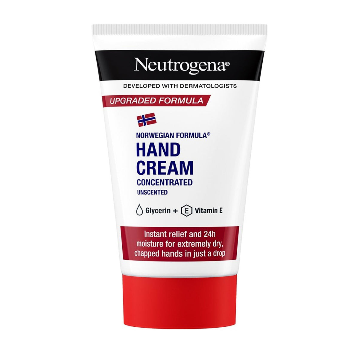 Refect Beauty Neutrogena Concentrated Unscented Hand Cream in a white tube with a red cap for dry sensitive skin