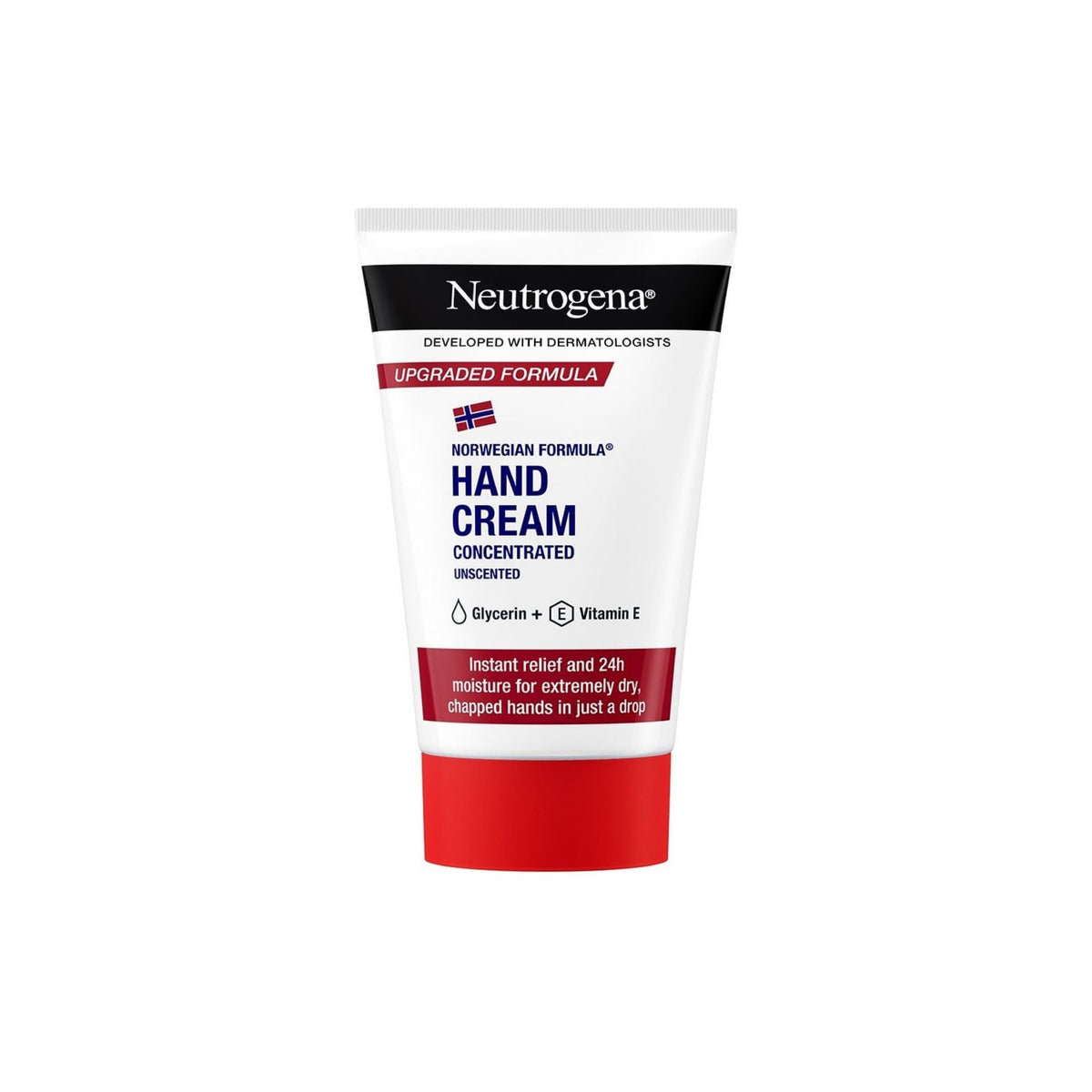 Refect Beauty Neutrogena Norwegian Formula concentrated unscented hand cream in a white and red squeeze tube.