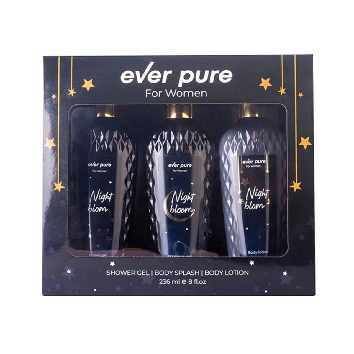 Refect Beauty Ever Pure Night Bloom gift set featuring shower gel, body splash, and body lotion in dark floral bottles