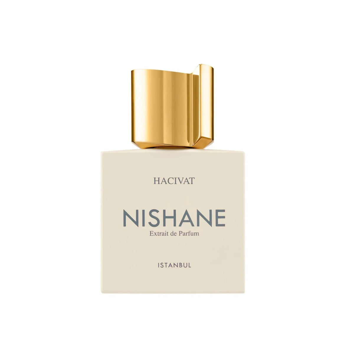 Refect Beauty Nishane Hacivat Extrait de Parfum bottle with a cream-colored label and a metallic gold cap.