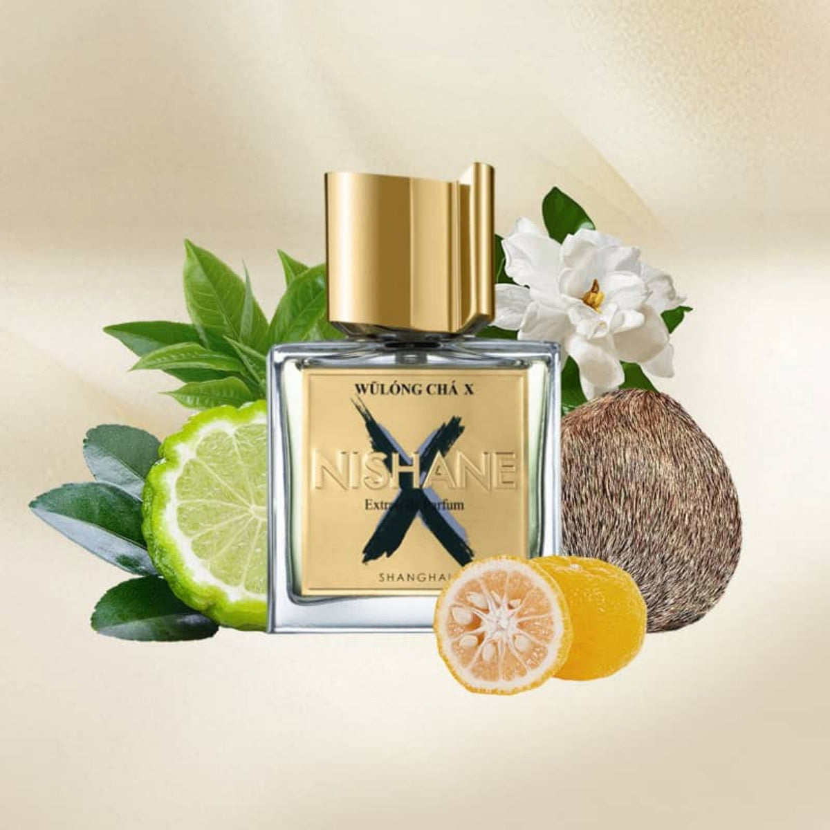 Refect Beauty Nishane Wulong Cha X Extrait de Parfum bottle surrounded by fresh bergamot, yuzu, tea leaves, and fig.