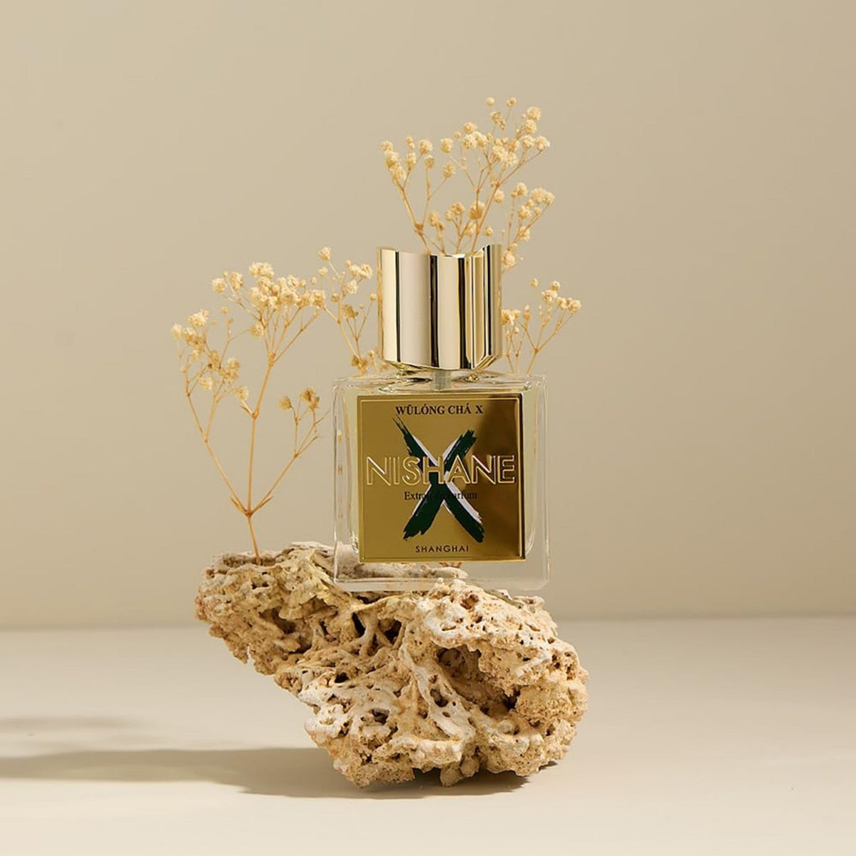 Refect Beauty Nishane Wulong Cha X Extrait de Parfum bottle displayed on a textured stone with dried baby's breath.