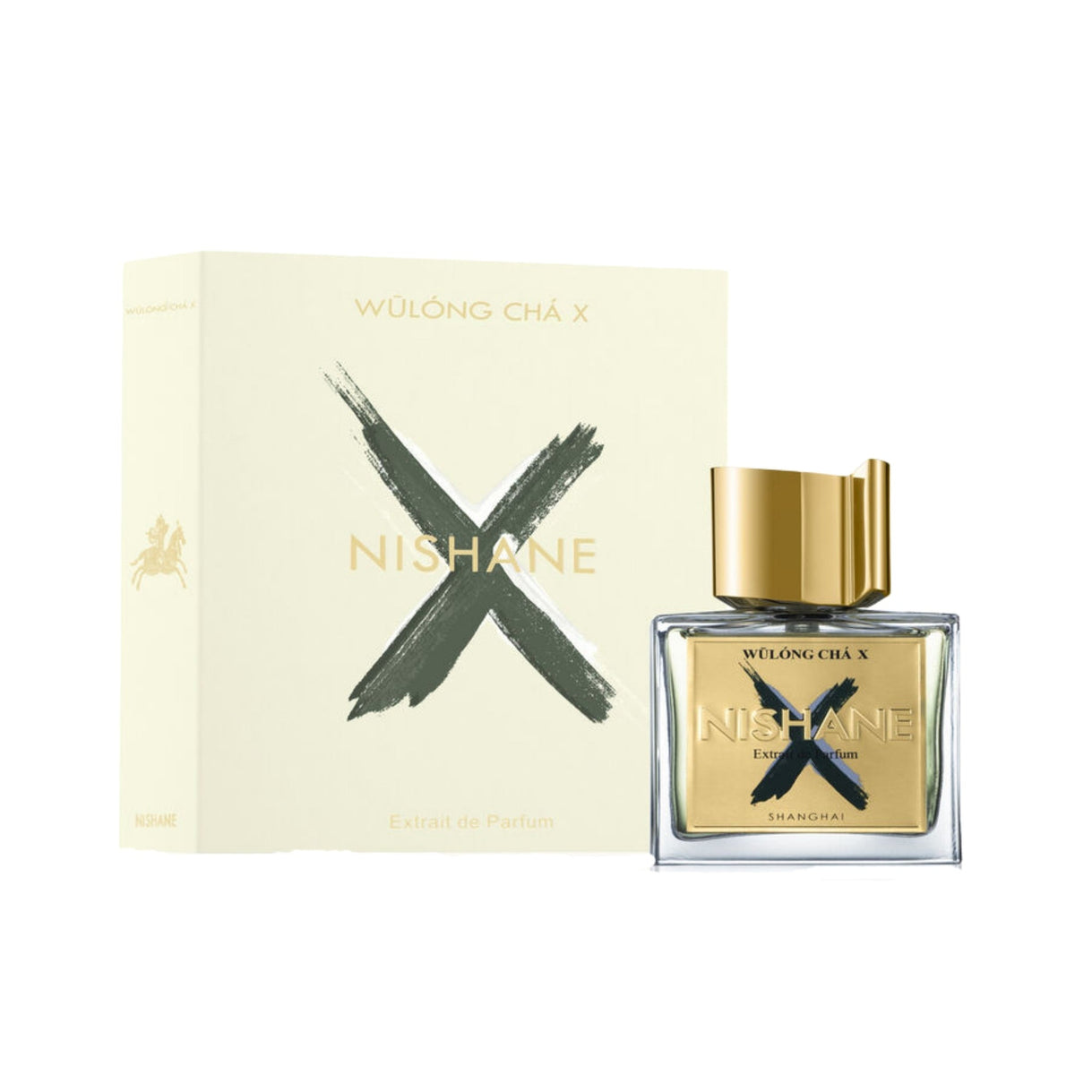 Refect Beauty Nishane Wulong Cha X Extrait de Parfum bottle and cream-colored box with a large green X logo.