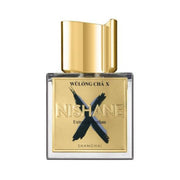 Refect Beauty Nishane Wulong Cha X Extrait de Parfum in a clear glass bottle with a gold label and matching gold cap.