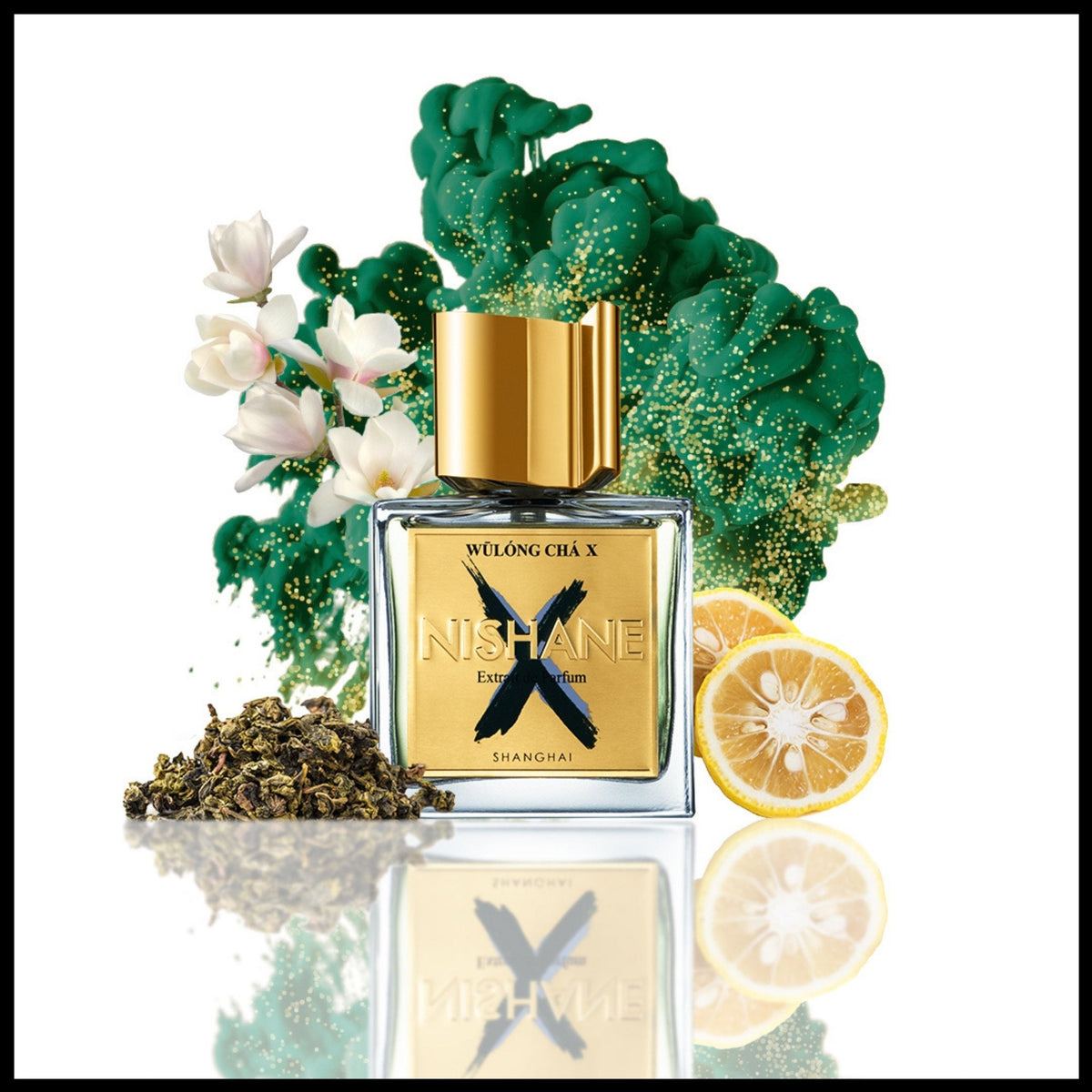 Refect Beauty Nishane Wulong Cha X Extrait de Parfum bottle with green tea, magnolia, and citrus accents.