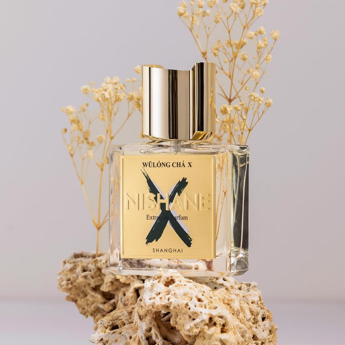 Refect Beauty Nishane Wulong Cha X Extrait de Parfum bottle with gold label on a textured stone base with dried flowers