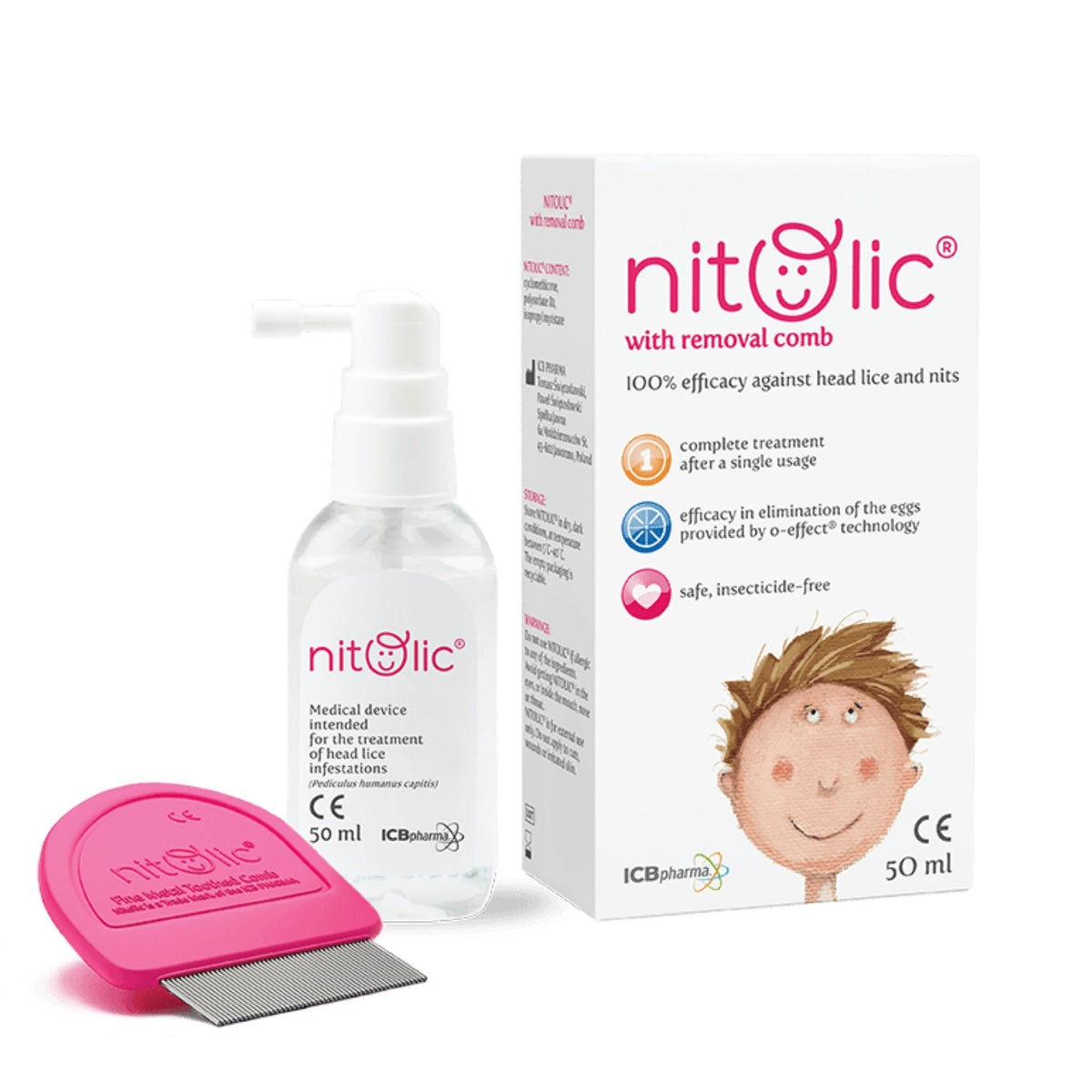 Refect Beauty Nitolic head lice treatment spray bottle with removal comb and packaging box for effective lice control