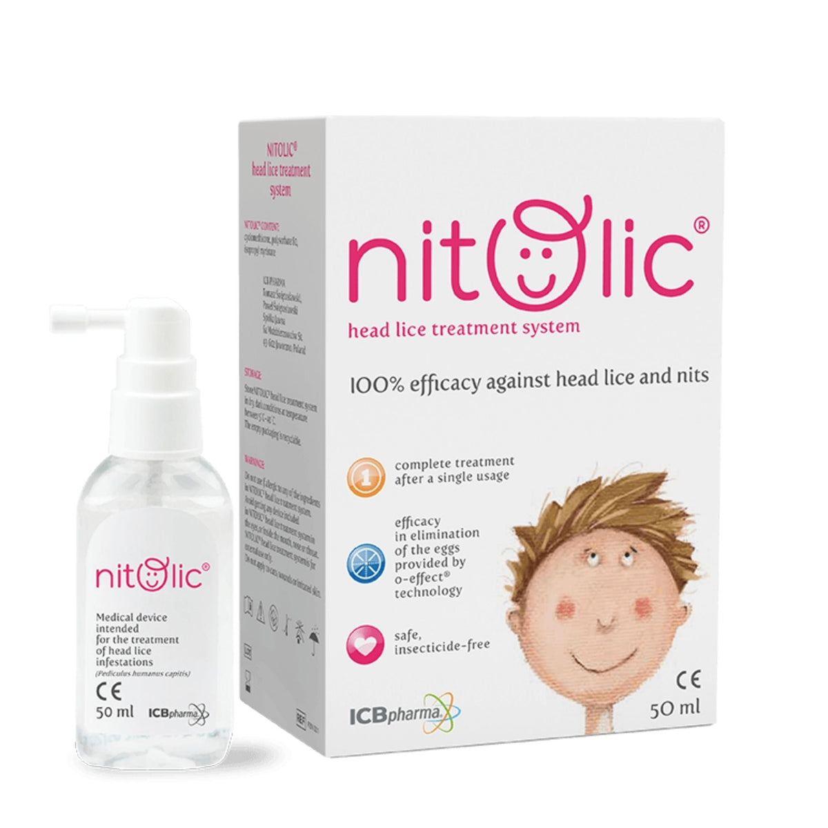 Refect Beauty Nitolic head lice treatment spray bottle and packaging box with child illustration
