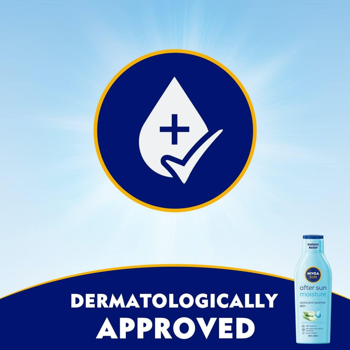 Refect Beauty Nivea Sun Moisture After Sun Lotion bottle with aloe vera, featuring a dermatologically approved icon.