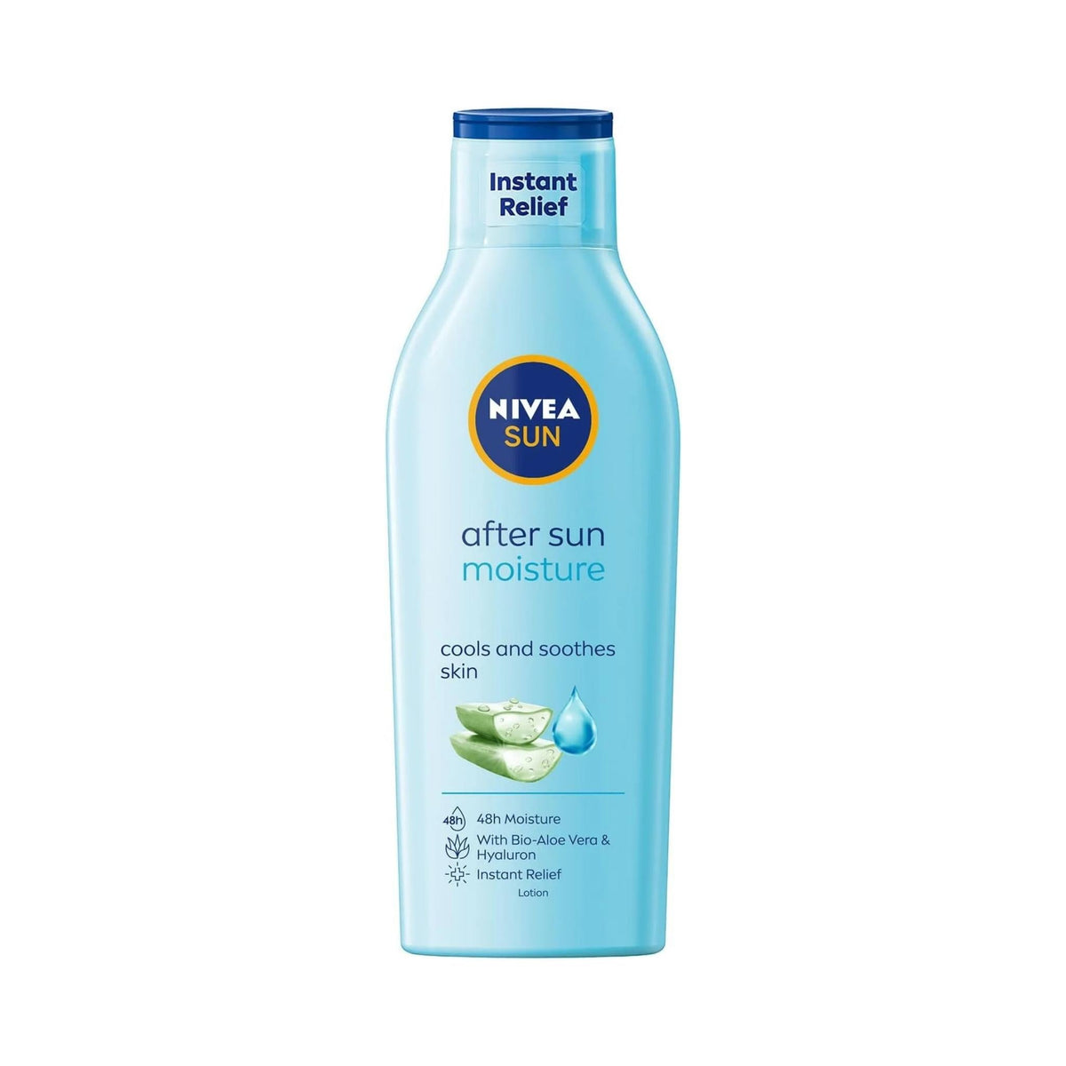 Refect Beauty Nivea Sun Moisture After Sun Lotion with aloe vera in a light blue bottle for soothing skin hydration.