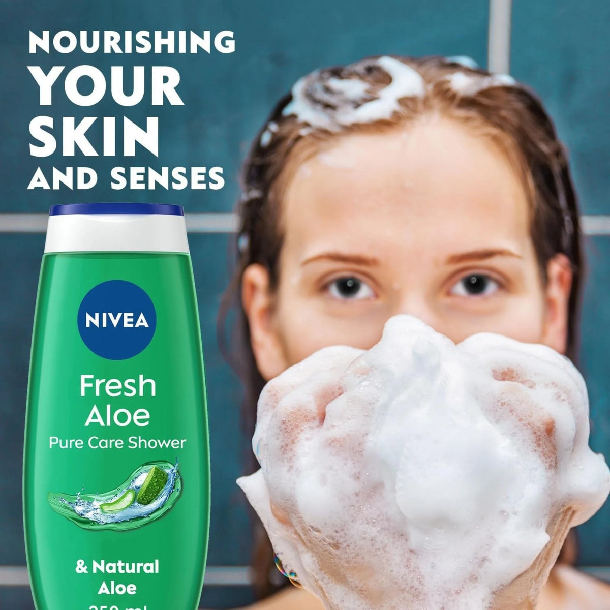 Refect Beauty Nivea Fresh Aloe shower gel bottle next to a woman holding a handful of rich cleansing lather in a shower