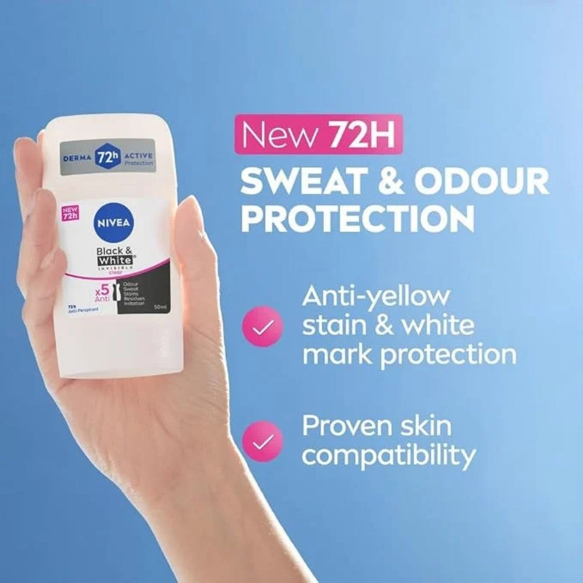 Refect Beauty Nivea Black & White Invisible Original anti-perspirant stick held in hand against a blue background.