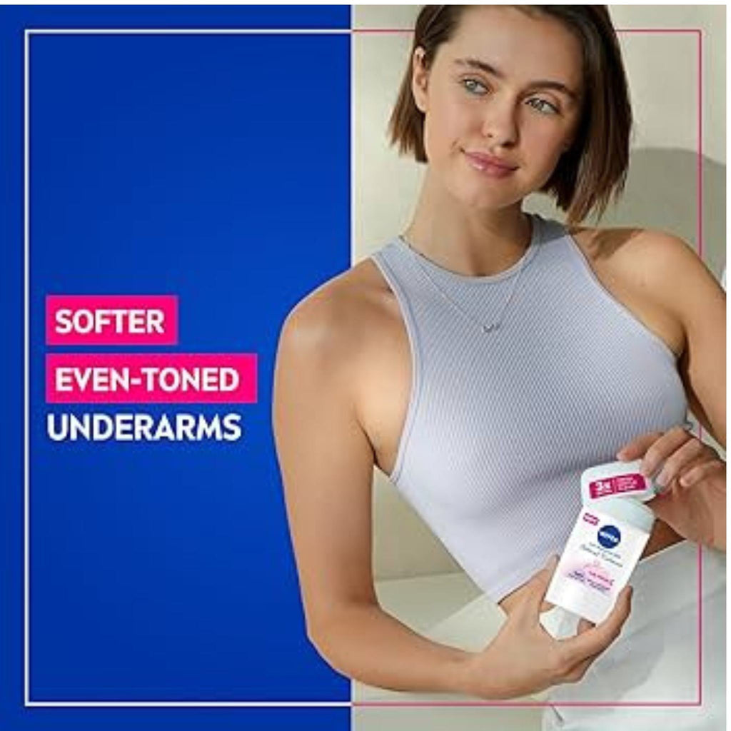 Refect Beauty Nivea Natural Radiance antiperspirant stick held by a woman in a light purple ribbed tank top