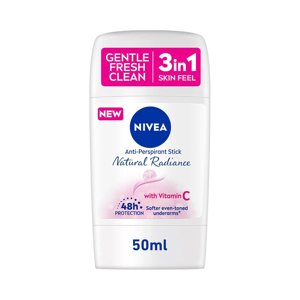 Refect Beauty Nivea Natural Radiance 3-in-1 antiperspirant stick with Vitamin C for 48-hour protection.