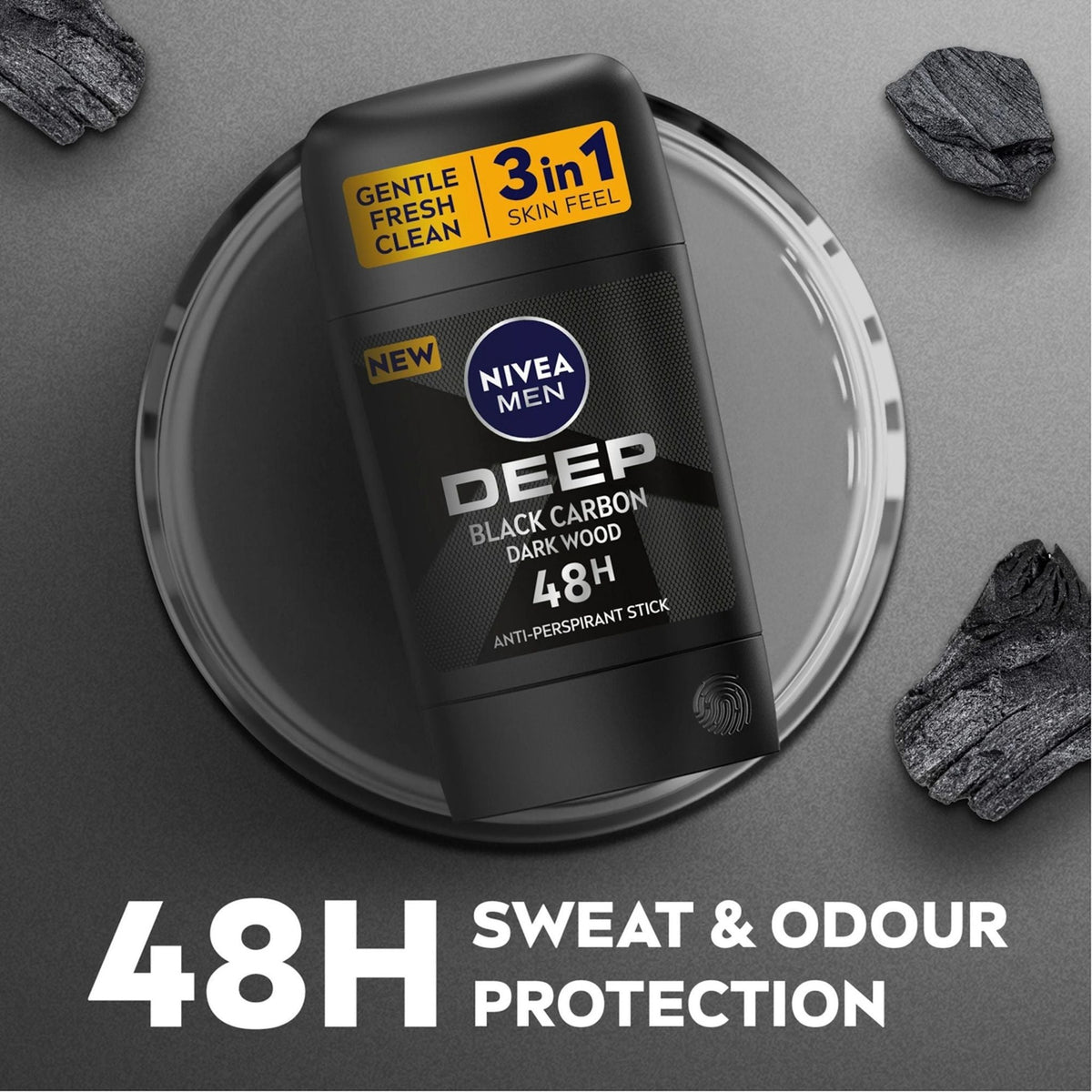 Refect Beauty Nivea Deep Black Carbon antiperspirant stick for men with 48-hour sweat and odor protection