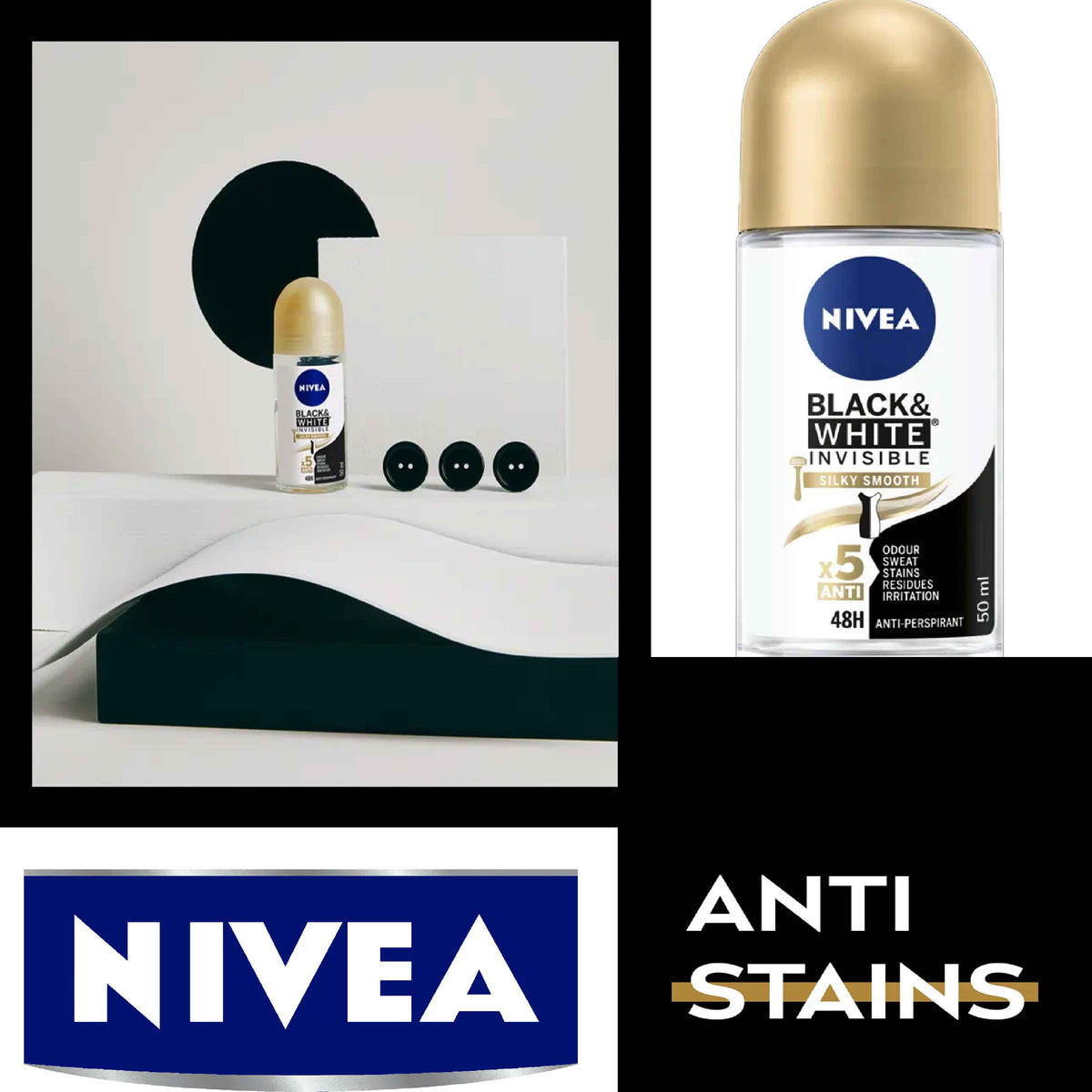 Refect Beauty Nivea Black & White Silky Smooth anti-perspirant roll-on for women with 48-hour stain protection