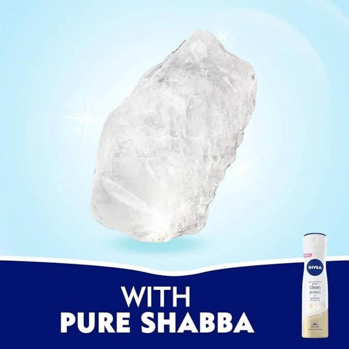 Refect Beauty Nivea Clean Protect anti-transpirant deodorant spray featuring a pure shabba crystal on a blue background