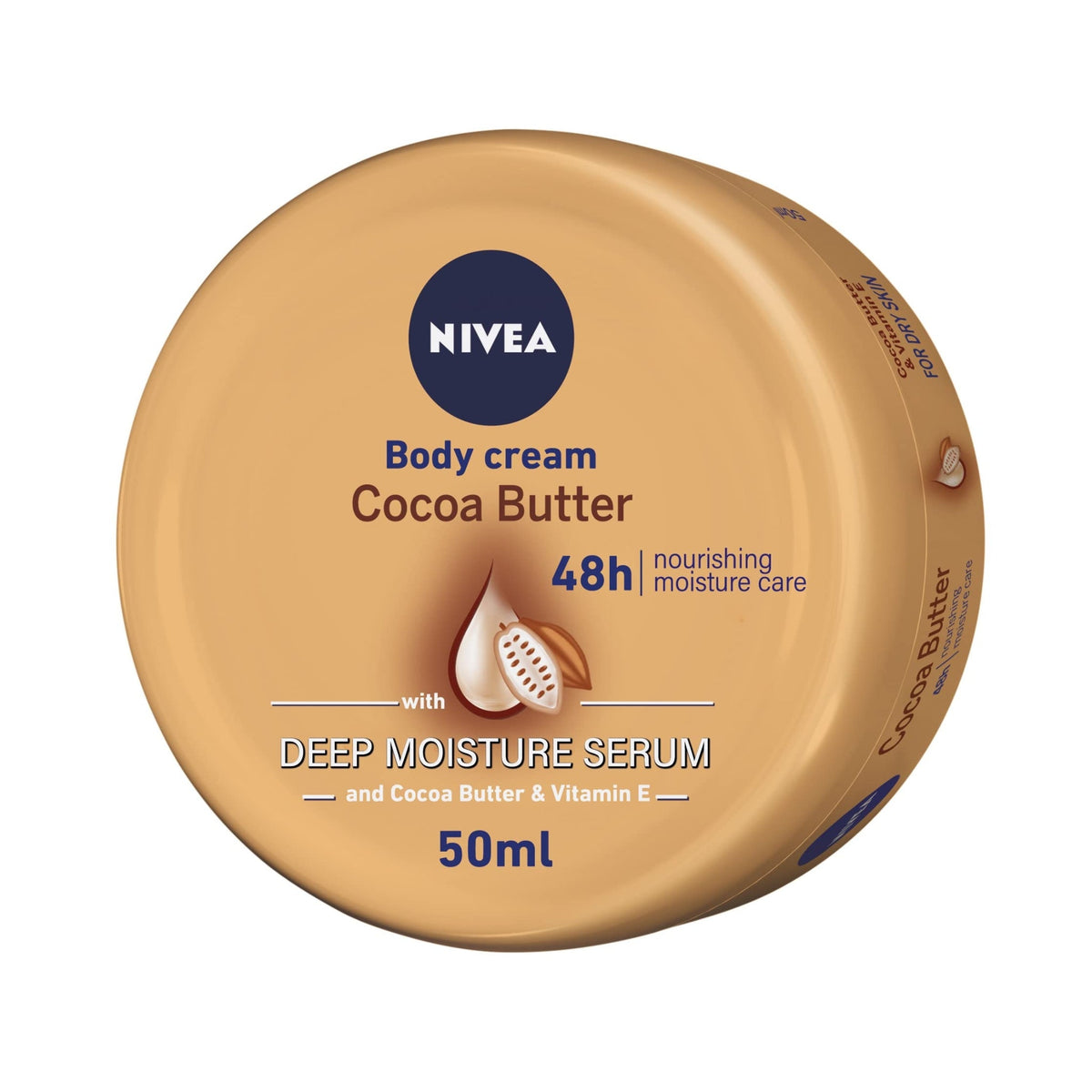 Refect Beauty Nivea Cocoa Butter body cream in a 50ml round tan container for deep skin nourishment and hydration.